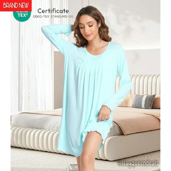 Soft Bamboo Viscose Long Sleeve Nightgown, V-Neck Sleepshirt for Women